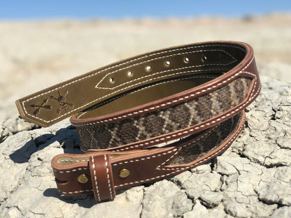 Western diamondback skin inlays, dark brown outer strap, cream stitching, olive inner strap