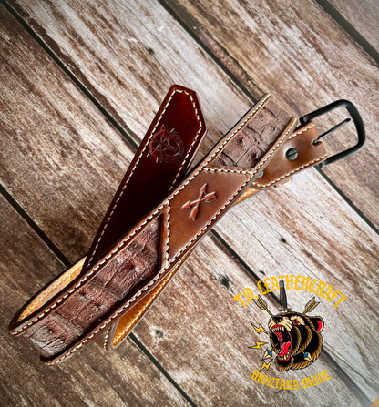 Caiman crocodile skin inlays, medium brown outer strap, cream stitching, natural tan inner strap, and matte black buckle.