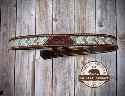 Timber rattlesnake skin inlays, dark brown outer strap, cream stitching