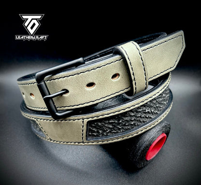 Shark skin inlays, light grey/olive tint outer strap, black stitching, matte black roller buckle