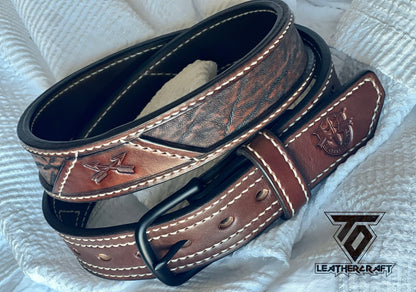 Elephant hide inlays, dark brown outer strap, cream stitching, matte black buckle
