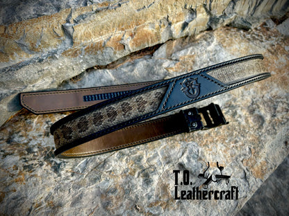 Western diamondback rattlesnake inlays, black leather, black stitching, and olive leather inside strap.