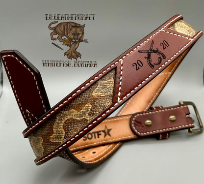 Copperhead inlays, dark brown outer strap, custom laser engraving, cream stitching, natural tan liner with airbrush dyed edges, antique brass buckle
