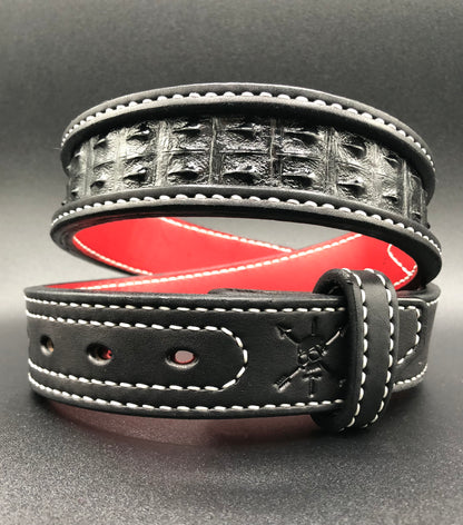 Crocodile skin inlays, black outer strap, cream stitching, red inner strap