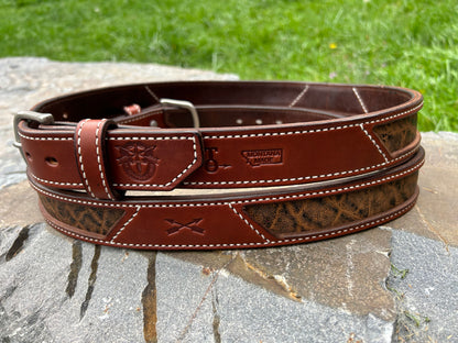 Elephant hide inlays, buck brown outer strap, cream stitching, dark brown liner, and antique brass buckle
